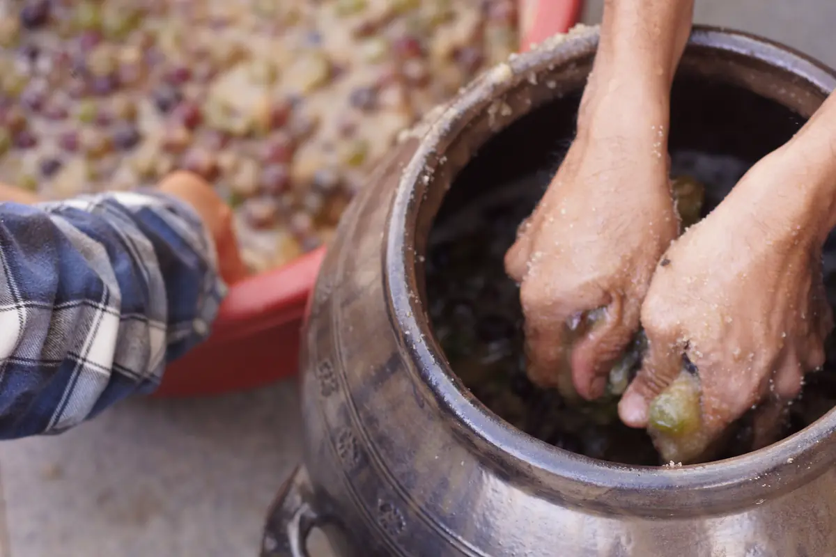 Grapes and sugar in an onggi jar, Korea 2018